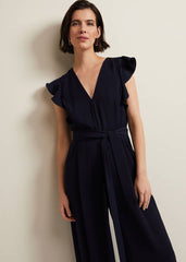 V-Neck Wide Leg Jumpsuit with Frill Sleeves in Dark Navy Navy