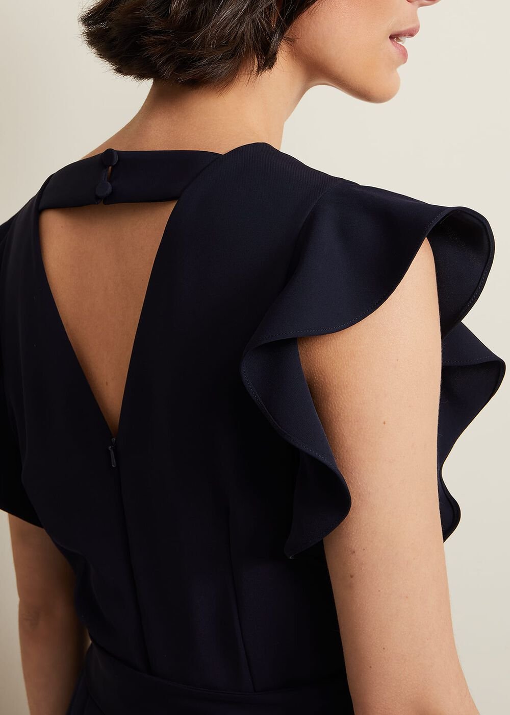 V-Neck Wide Leg Jumpsuit with Frill Sleeves in Dark Navy Navy