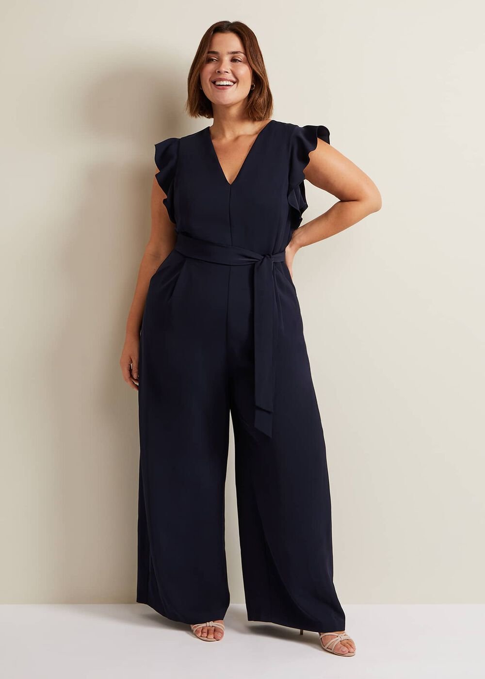 V-Neck Wide Leg Jumpsuit with Frill Sleeves in Dark Navy Navy