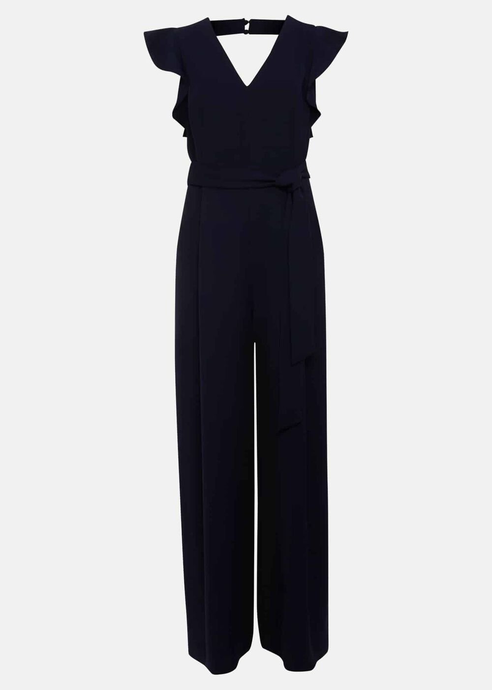 V-Neck Wide Leg Jumpsuit with Frill Sleeves in Dark Navy Navy