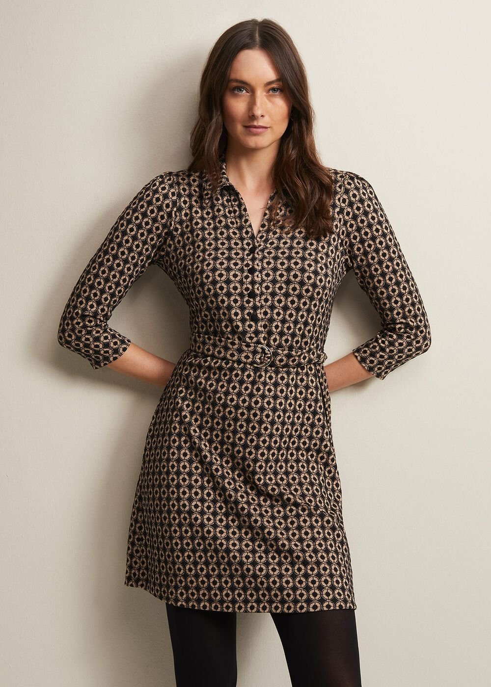 Geometric Mini Shirt Dress in Black & Camel Black/Camel