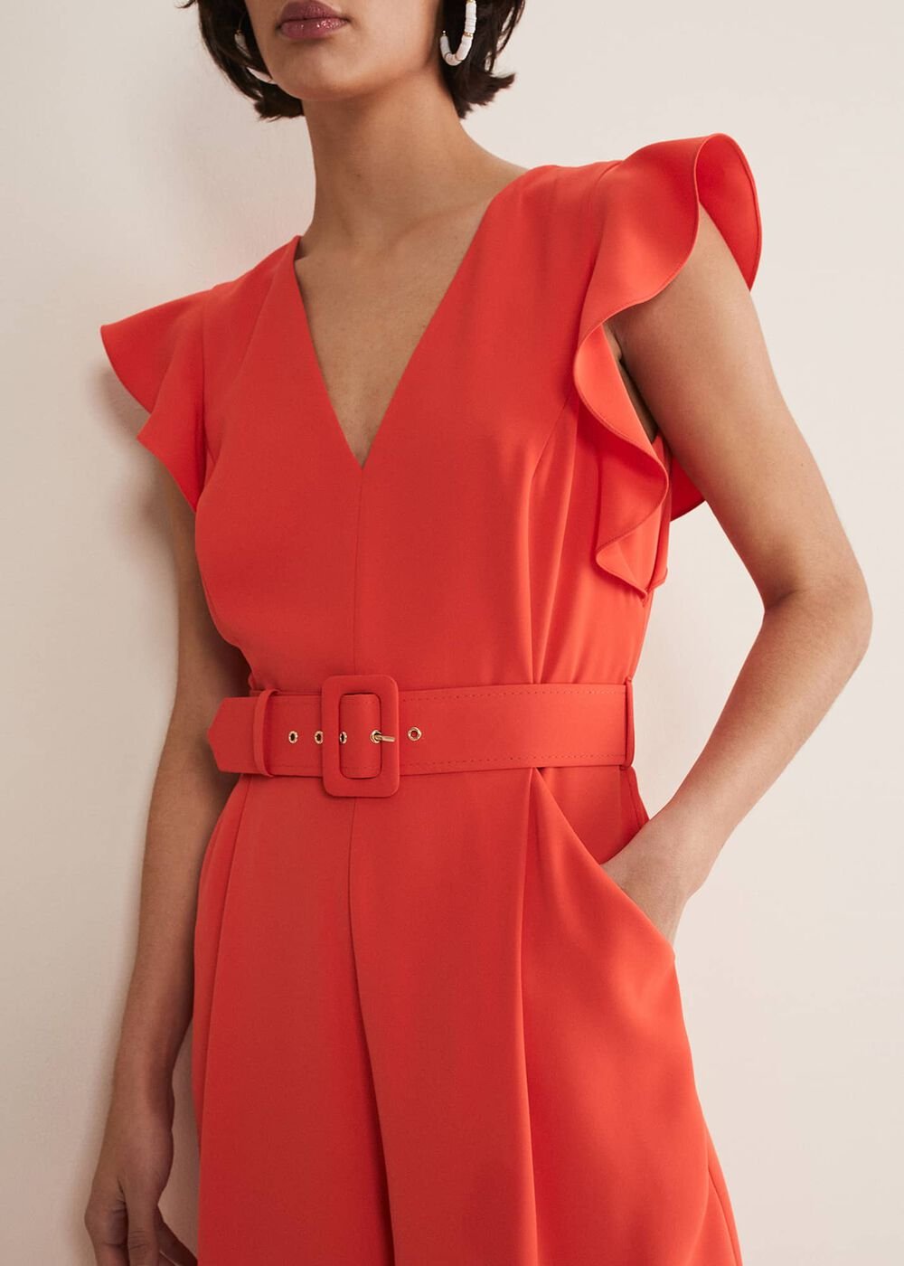 Kallie V Neck Frill Jumpsuit Orange
