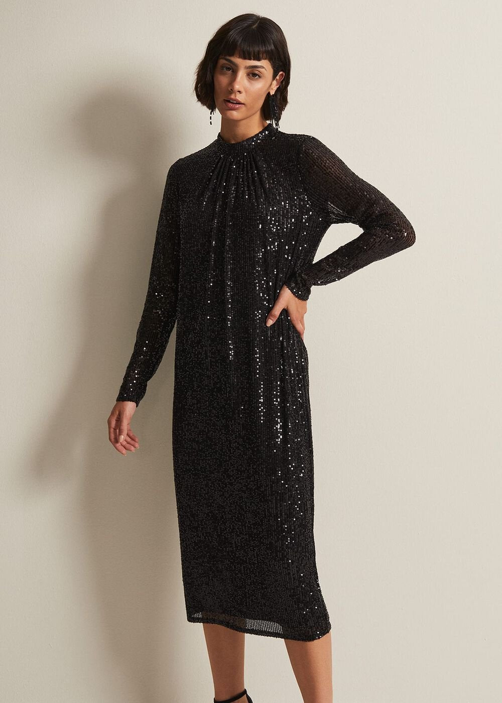 Cindy Black Sequin Midi Dress Black
