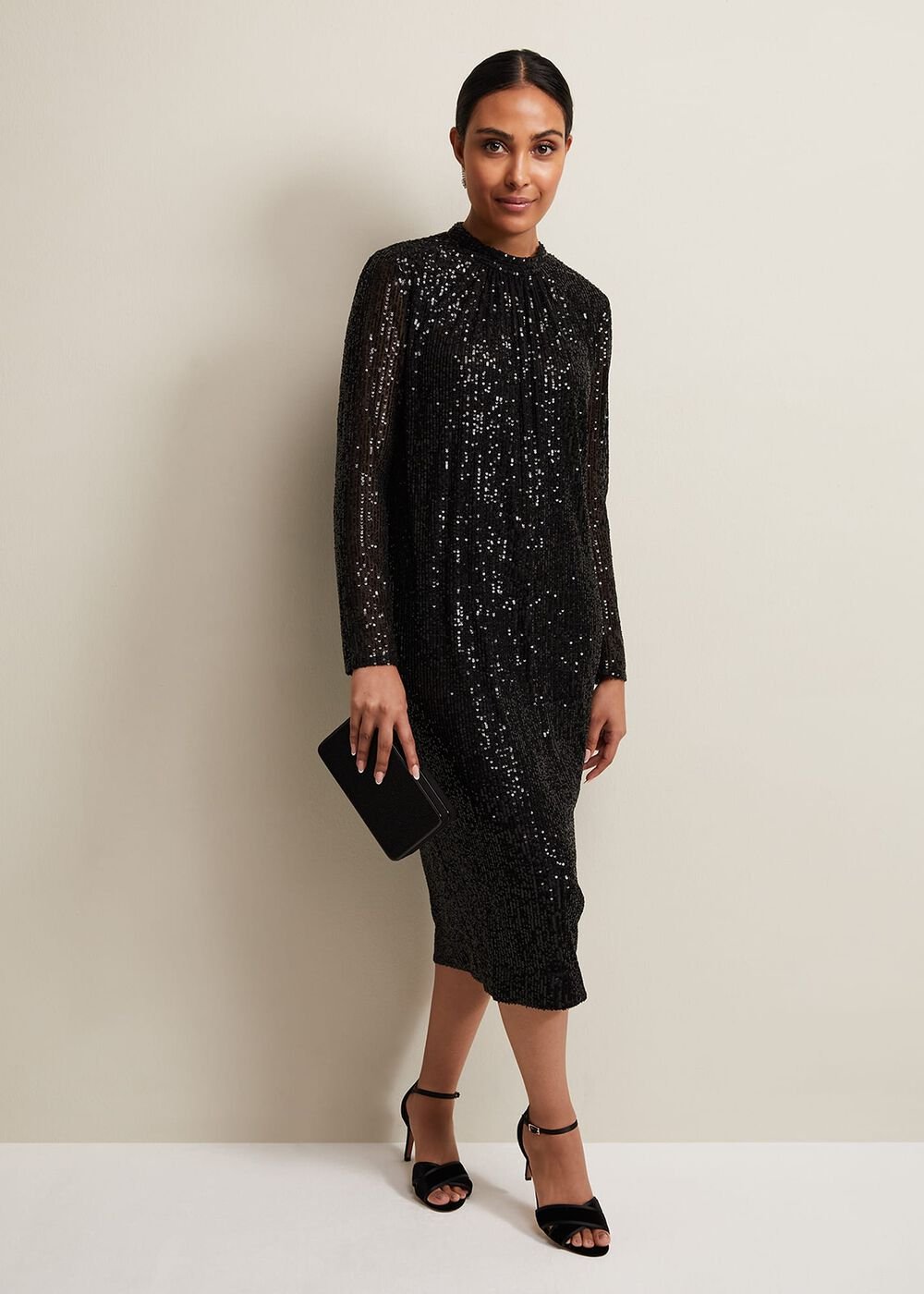 Petite Cindy Black Sequin Midi Dress Black