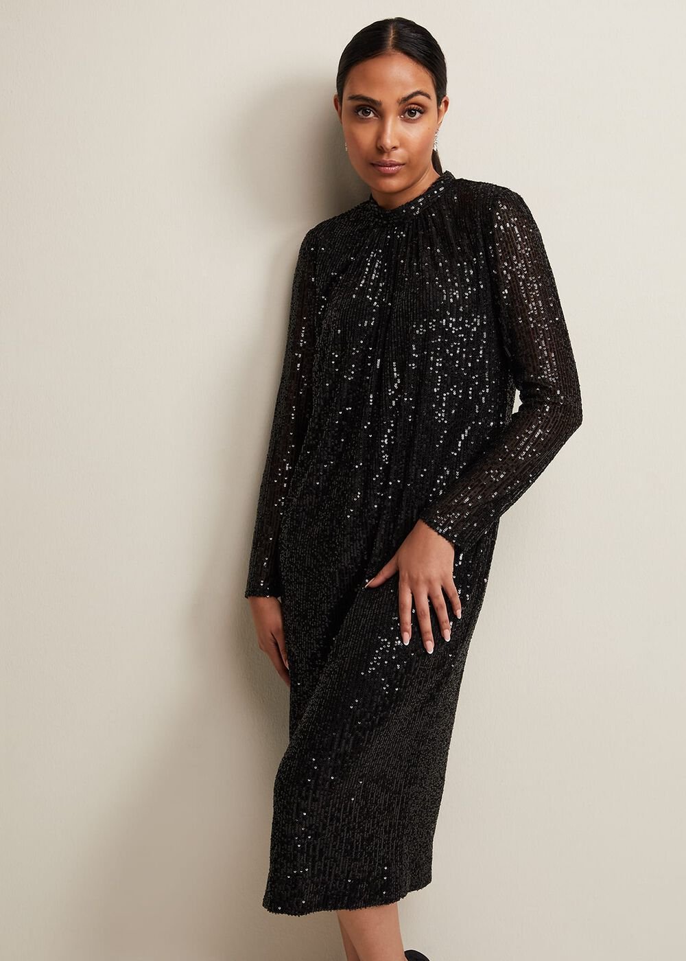 Petite Cindy Black Sequin Midi Dress Black