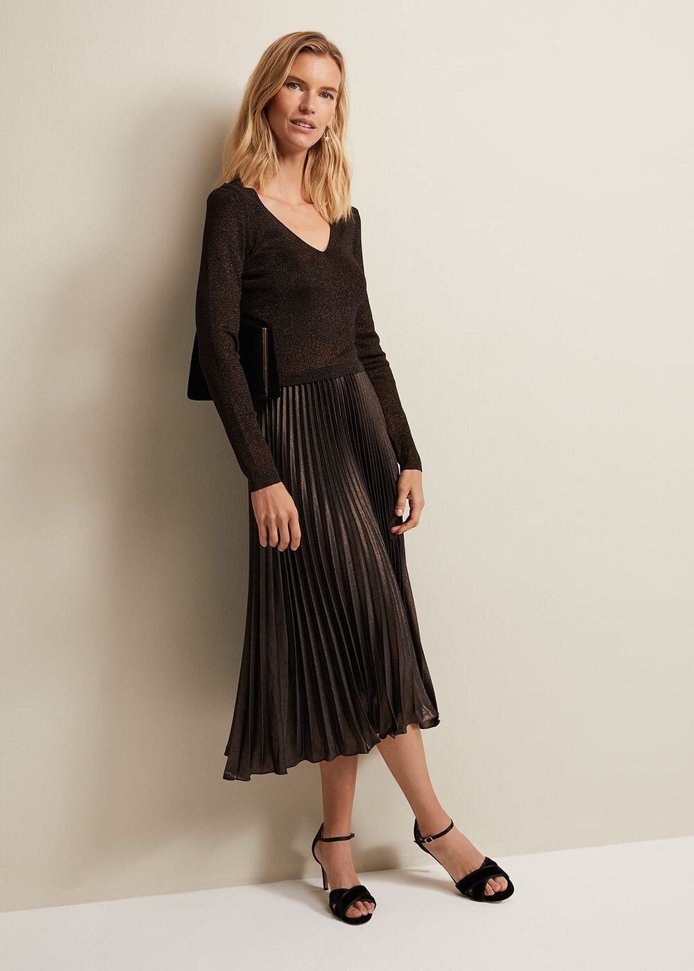 Isla Metallic Pleated Knitted Dress Bronze