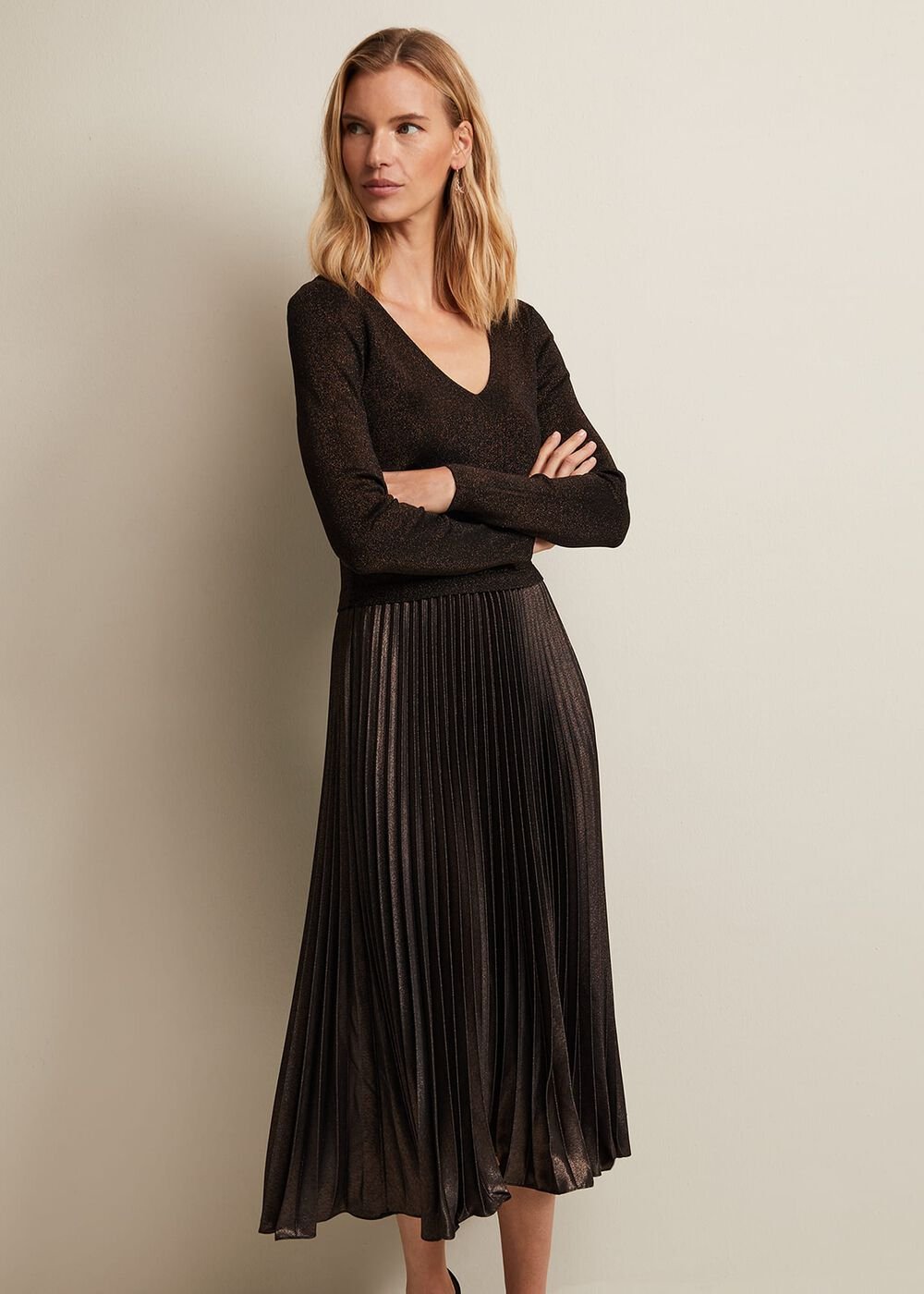 Isla Metallic Pleated Knitted Dress Bronze