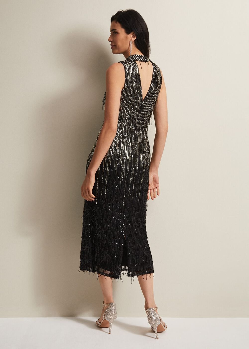 Clover Sequin Fringe Maxi Dress Black