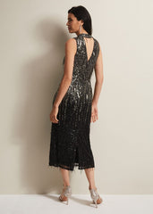 Clover Sequin Fringe Maxi Dress Black