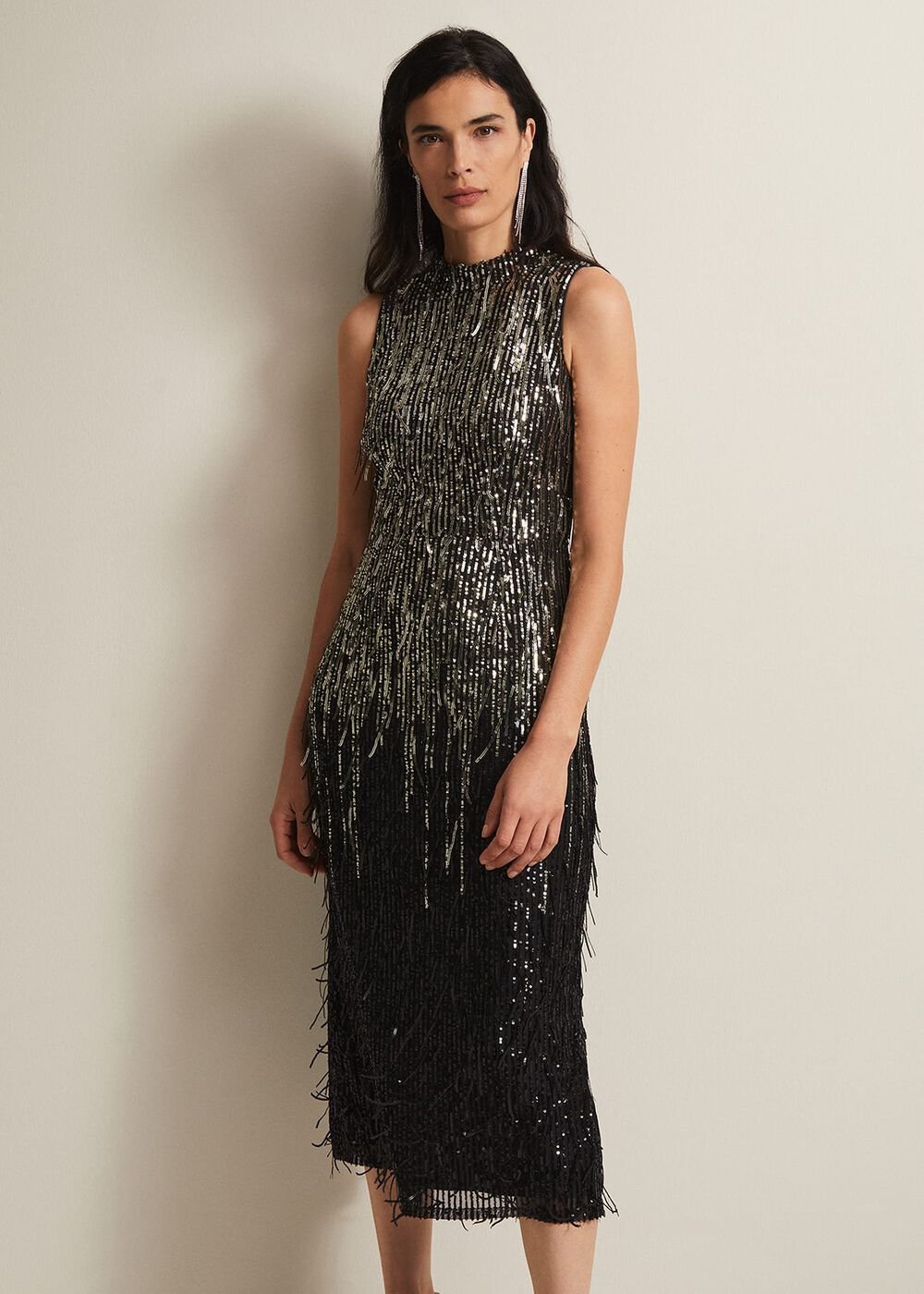 Clover Sequin Fringe Maxi Dress Black