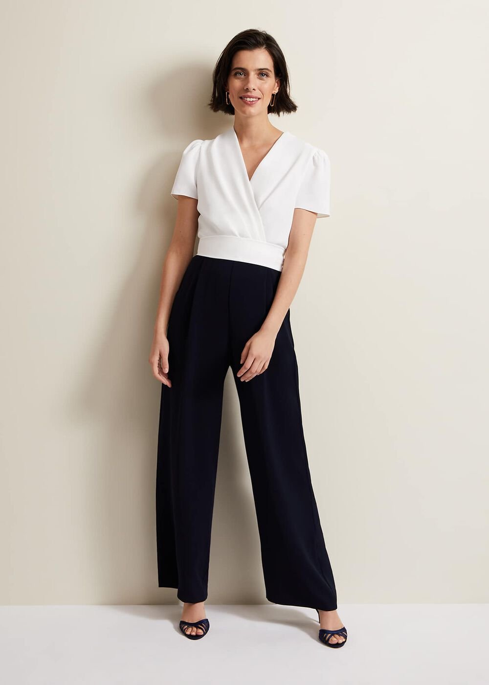 Black & White Jumpsuit with Wrap Bodice & Tie Detail Navy/Ivory