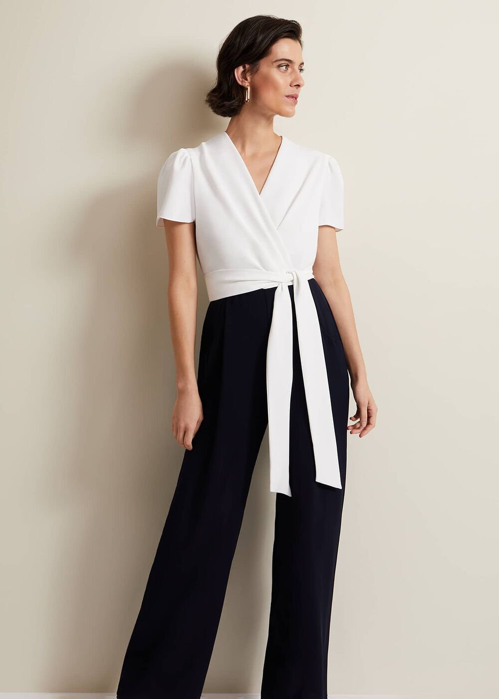 Black & White Jumpsuit with Wrap Bodice & Tie Detail Navy/Ivory