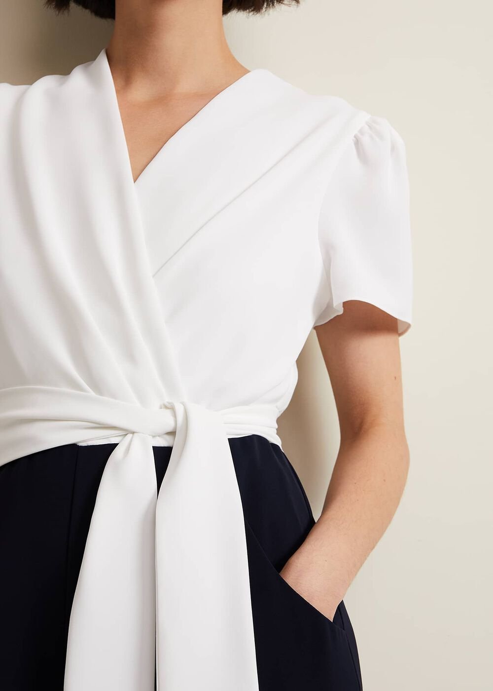 Black & White Jumpsuit with Wrap Bodice & Tie Detail Navy/Ivory