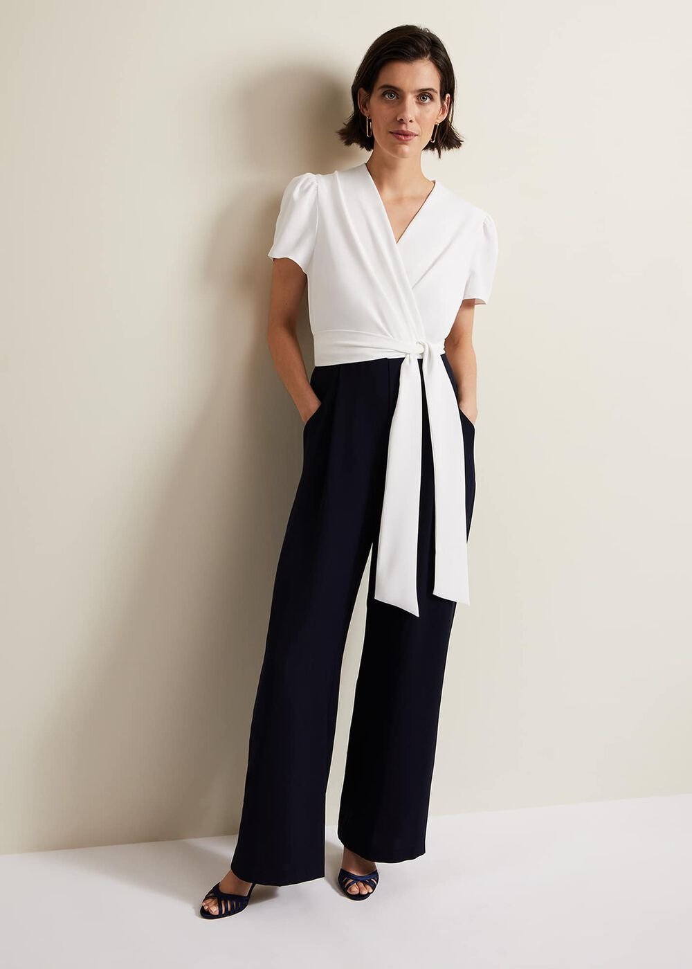 Black & White Jumpsuit with Wrap Bodice & Tie Detail Navy/Ivory