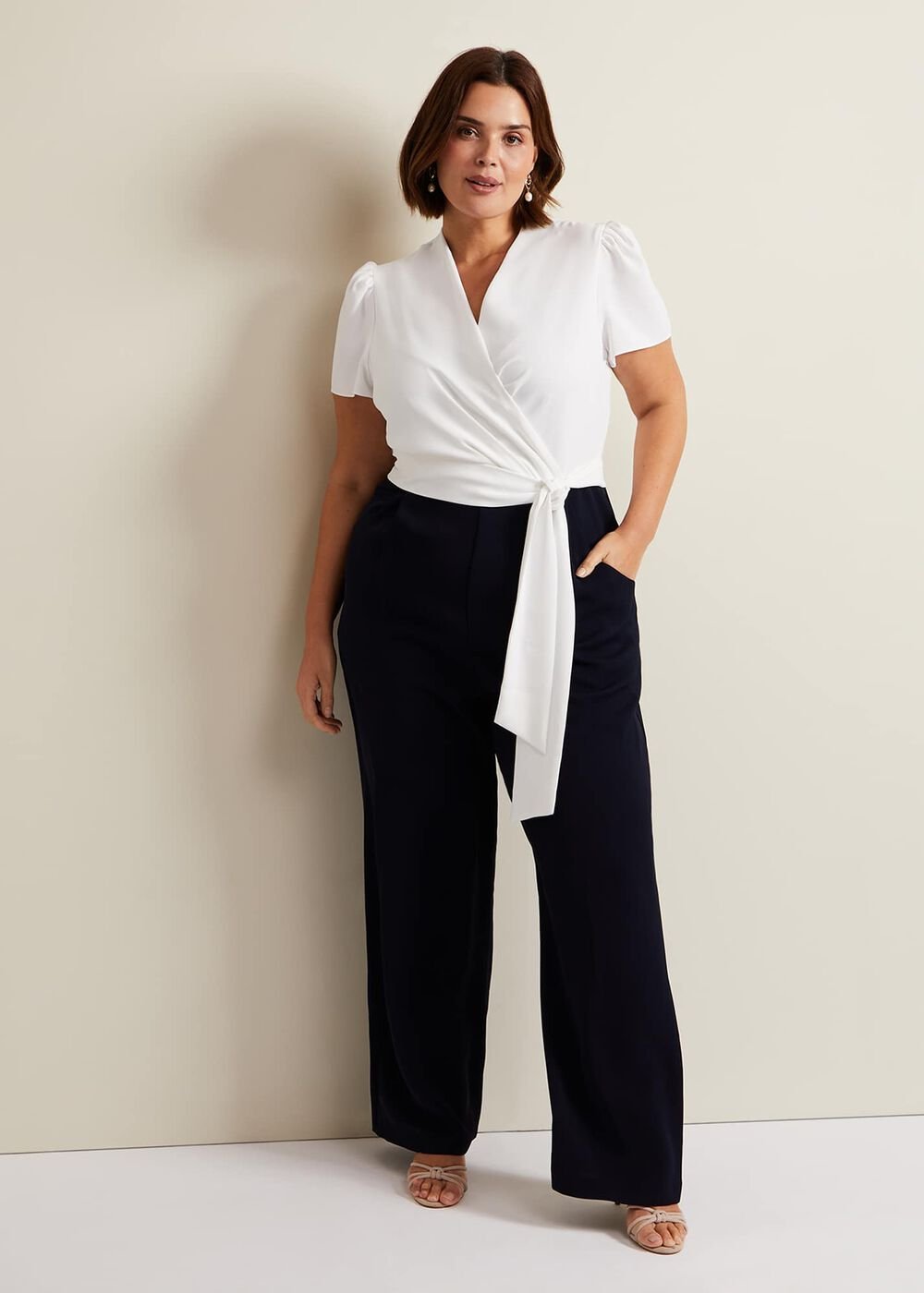 Black & White Jumpsuit with Wrap Bodice & Tie Detail Navy/Ivory