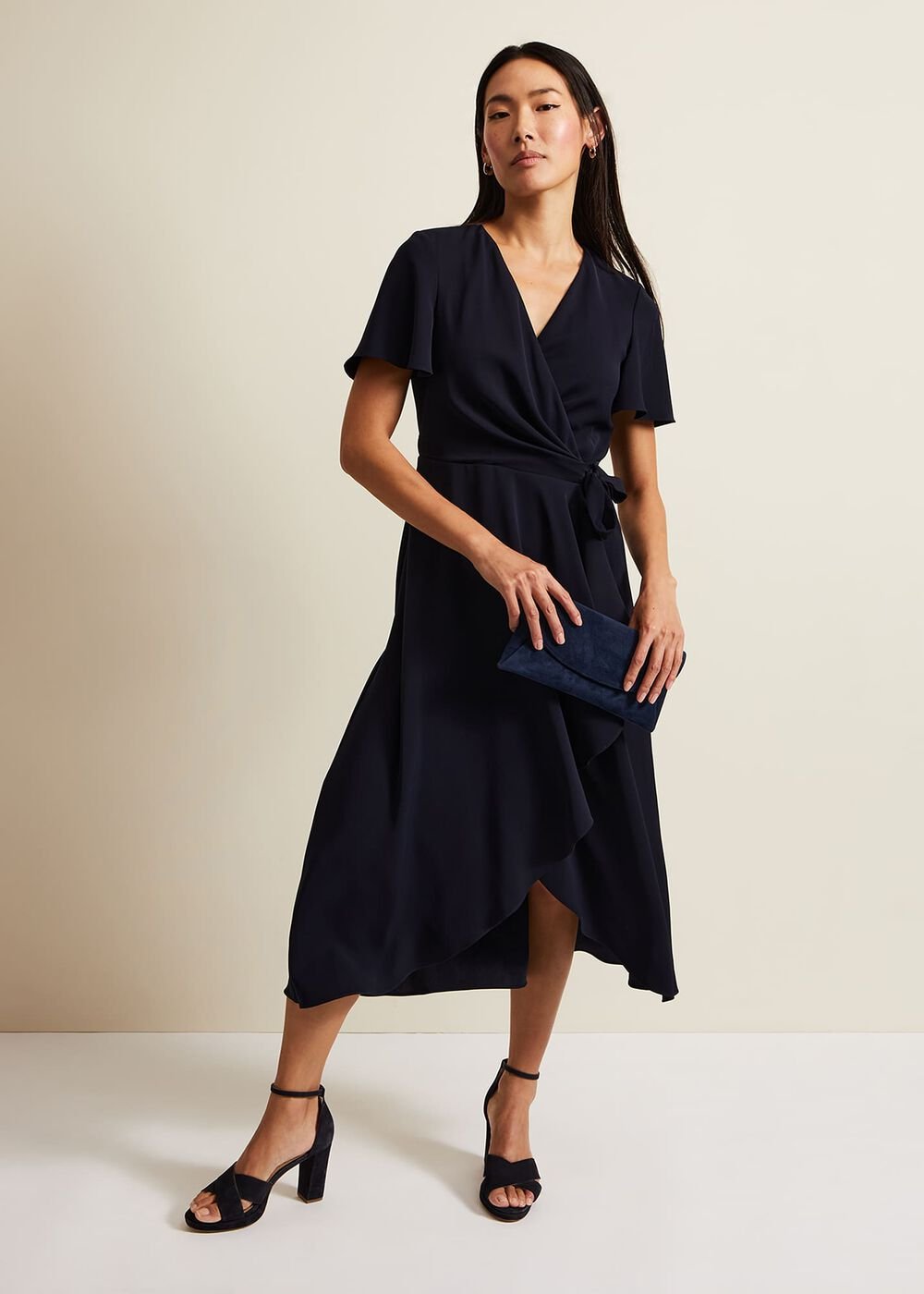 Navy Frill Wrap Dress with V-Neck & Fluted Sleeves Navy