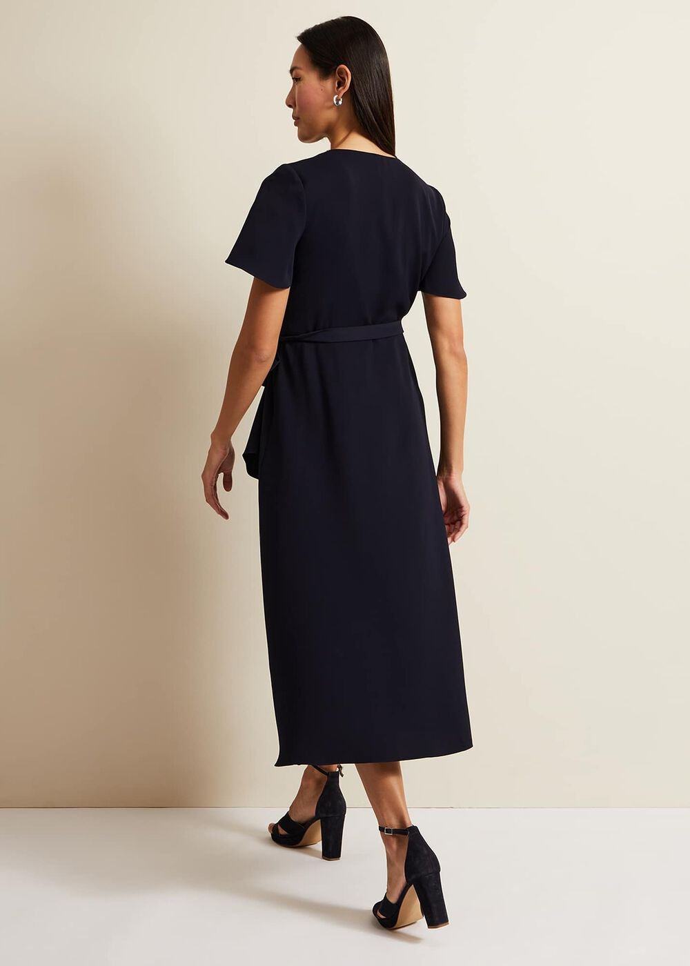 Navy Frill Wrap Dress with V-Neck & Fluted Sleeves Navy
