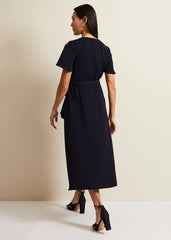 Navy Frill Wrap Dress with V-Neck & Fluted Sleeves Navy