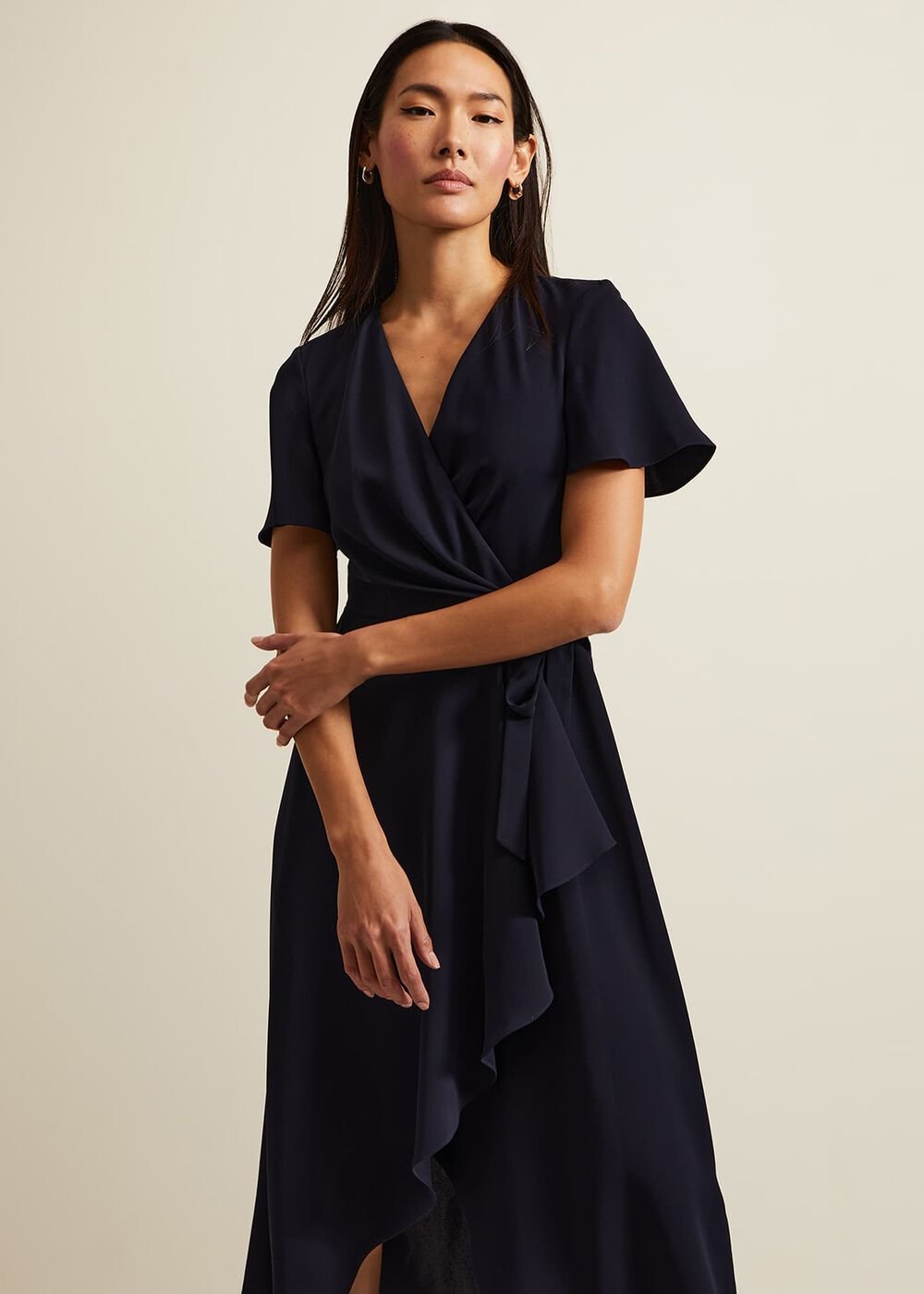 Navy Frill Wrap Dress with V-Neck & Fluted Sleeves Navy