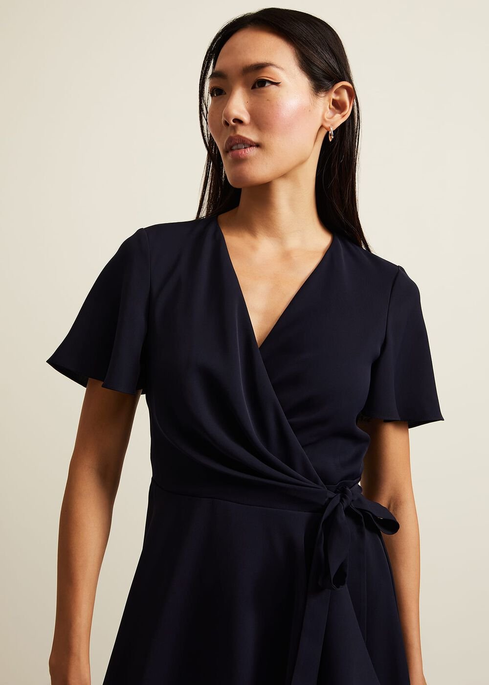 Navy Frill Wrap Dress with V-Neck & Fluted Sleeves Navy