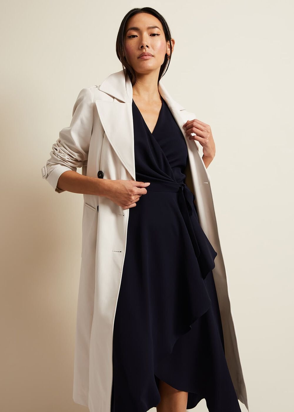 Navy Frill Wrap Dress with V-Neck & Fluted Sleeves Navy