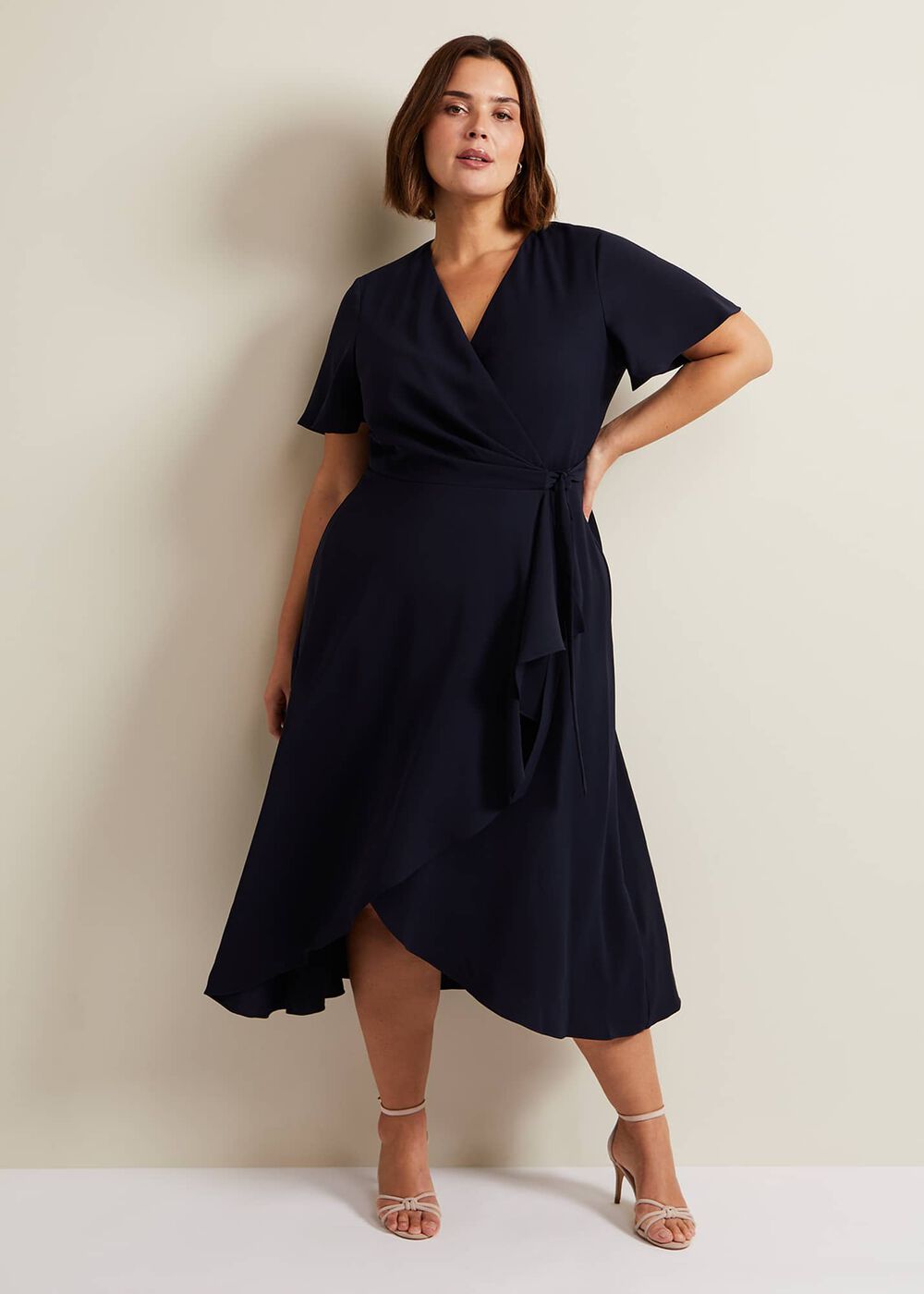 Navy Frill Wrap Dress with V-Neck & Fluted Sleeves Navy
