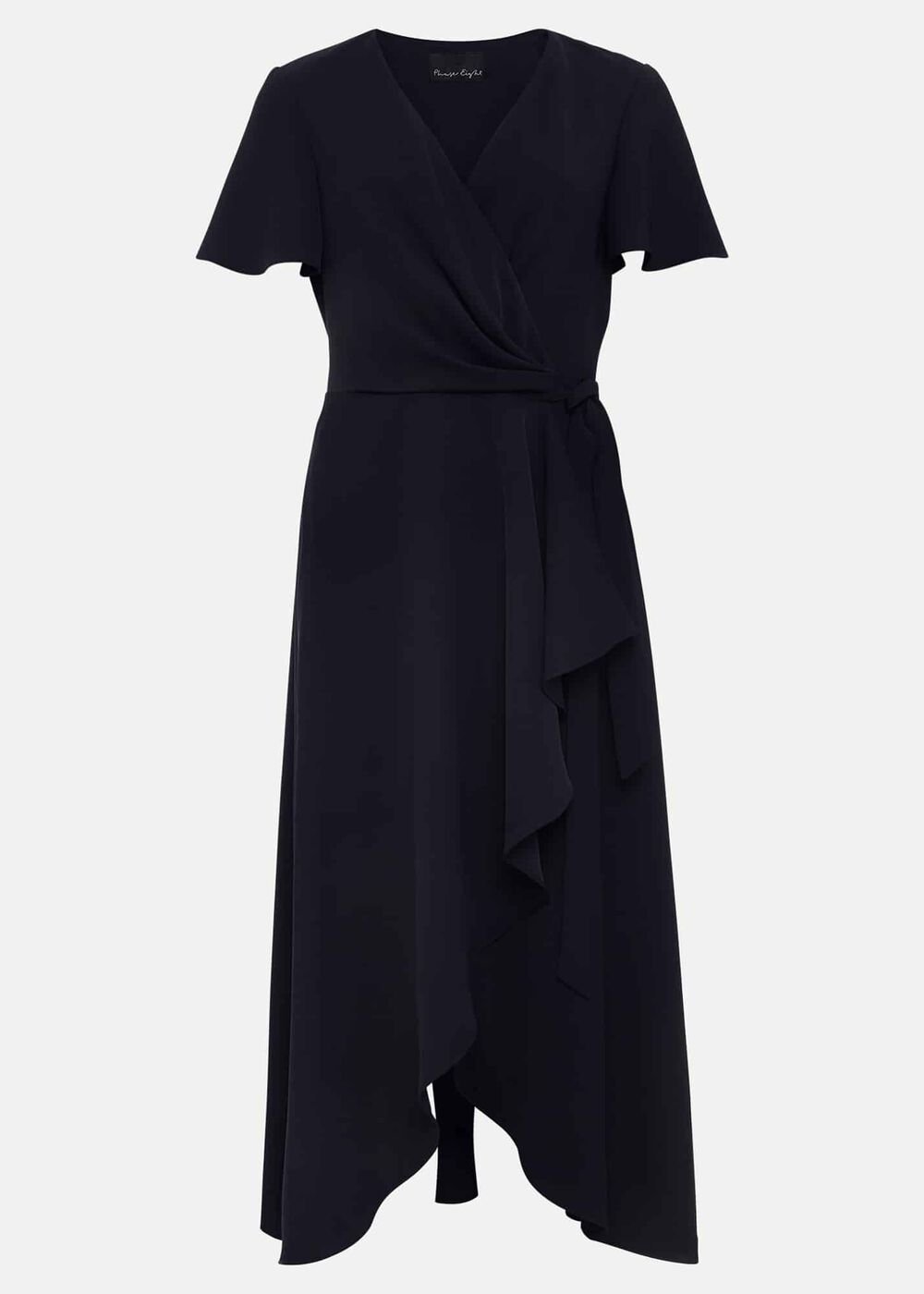 Navy Frill Wrap Dress with V-Neck & Fluted Sleeves Navy