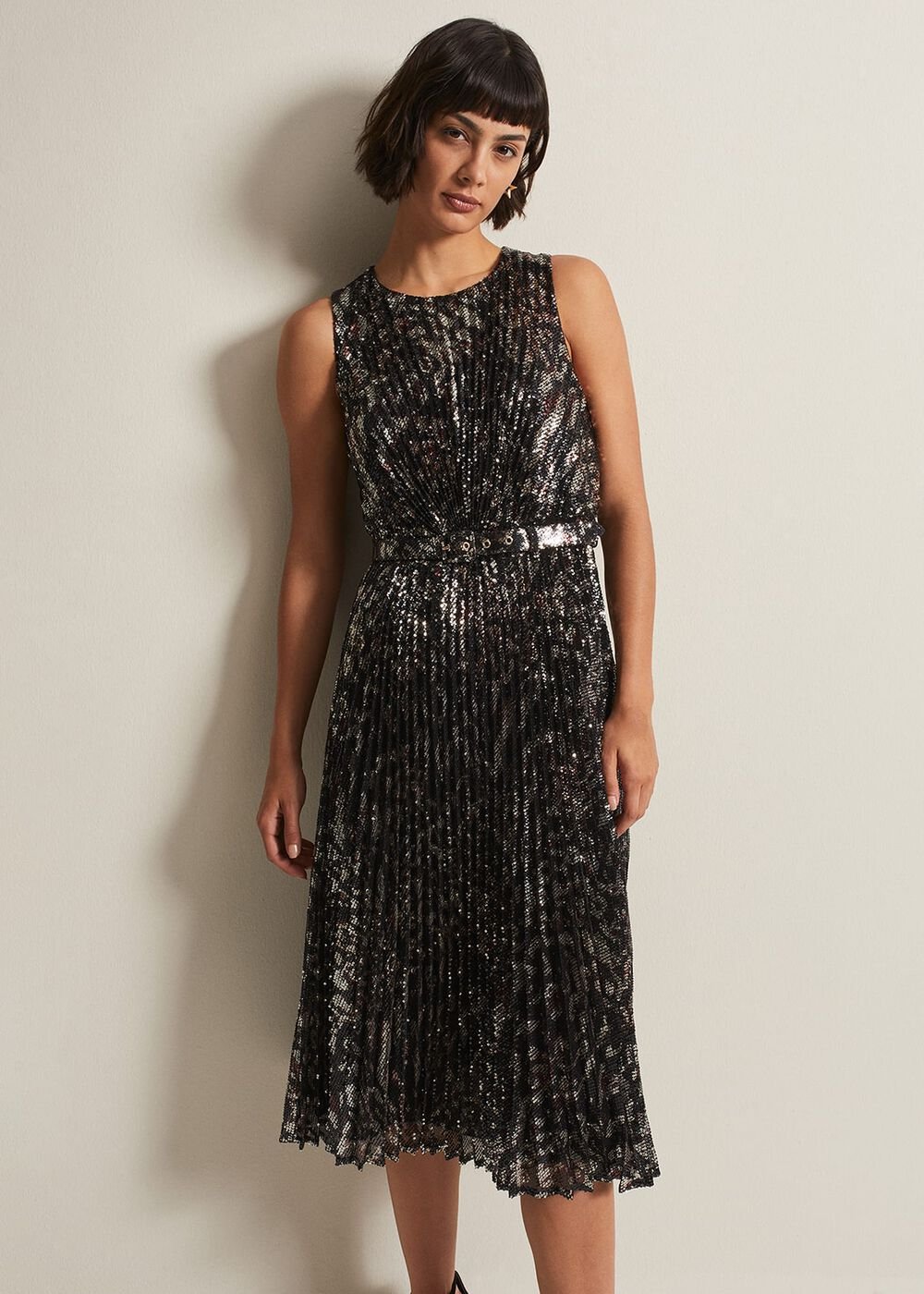 Simara Leopard Sequin Pleated Midi Dress Multi-Coloured