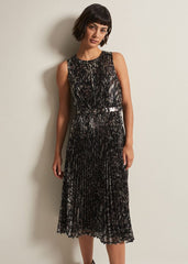 Simara Leopard Sequin Pleated Midi Dress Multi-Coloured