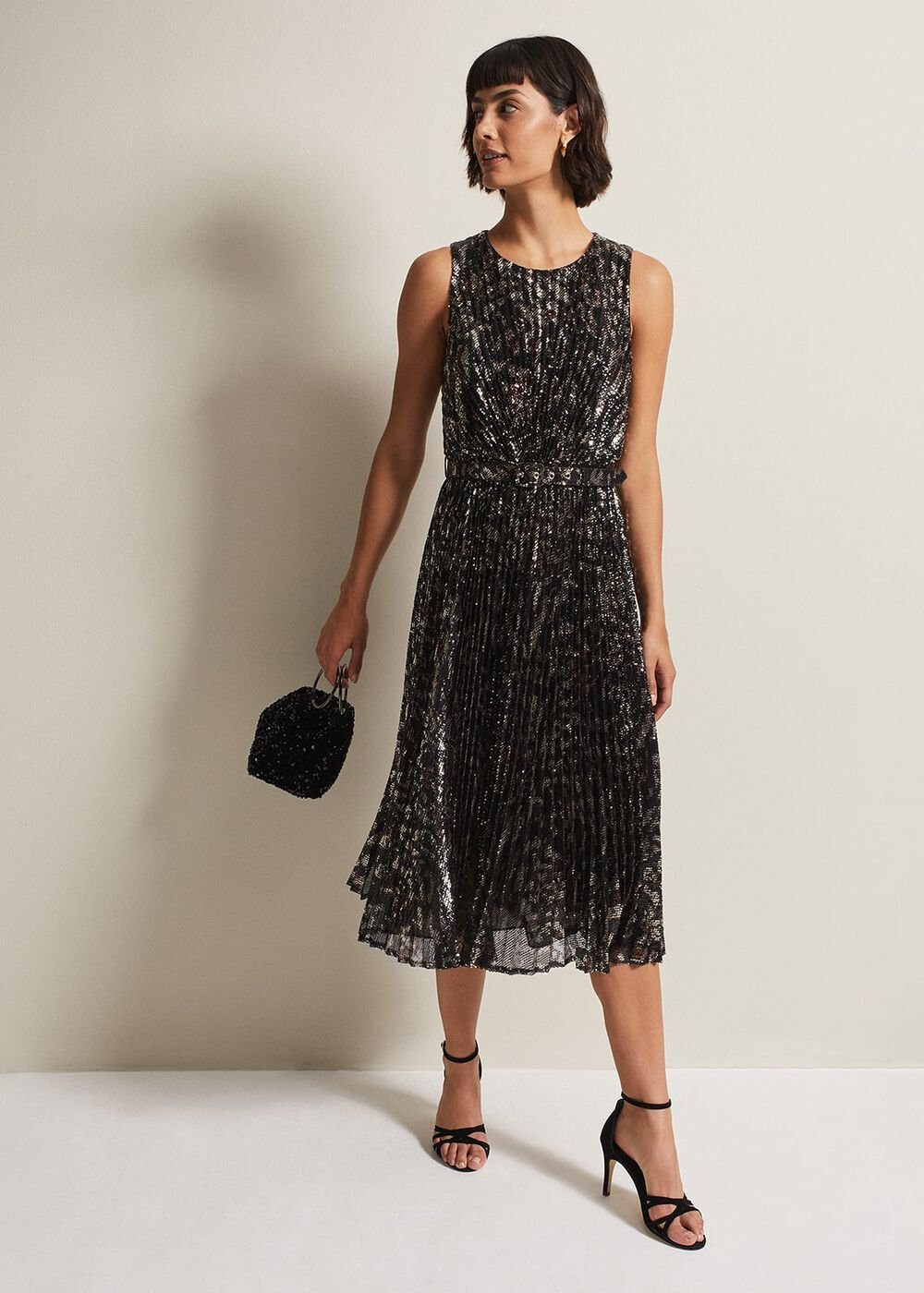 Simara Leopard Sequin Pleated Midi Dress Multi-Coloured