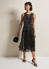 Simara Leopard Sequin Pleated Midi Dress Multi-Coloured