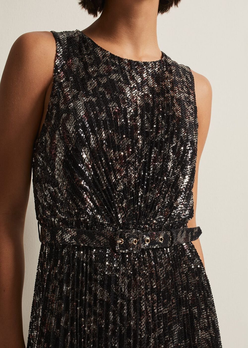 Simara Leopard Sequin Pleated Midi Dress Multi-Coloured