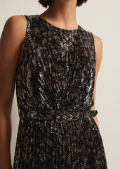 Simara Leopard Sequin Pleated Midi Dress Multi-Coloured