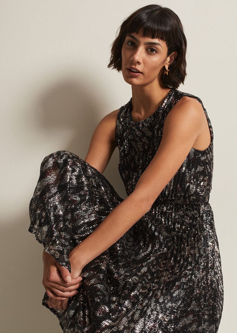 Simara Leopard Sequin Pleated Midi Dress Multi-Coloured