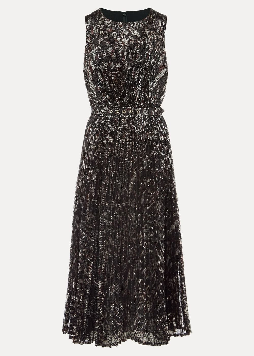 Simara Leopard Sequin Pleated Midi Dress Multi-Coloured