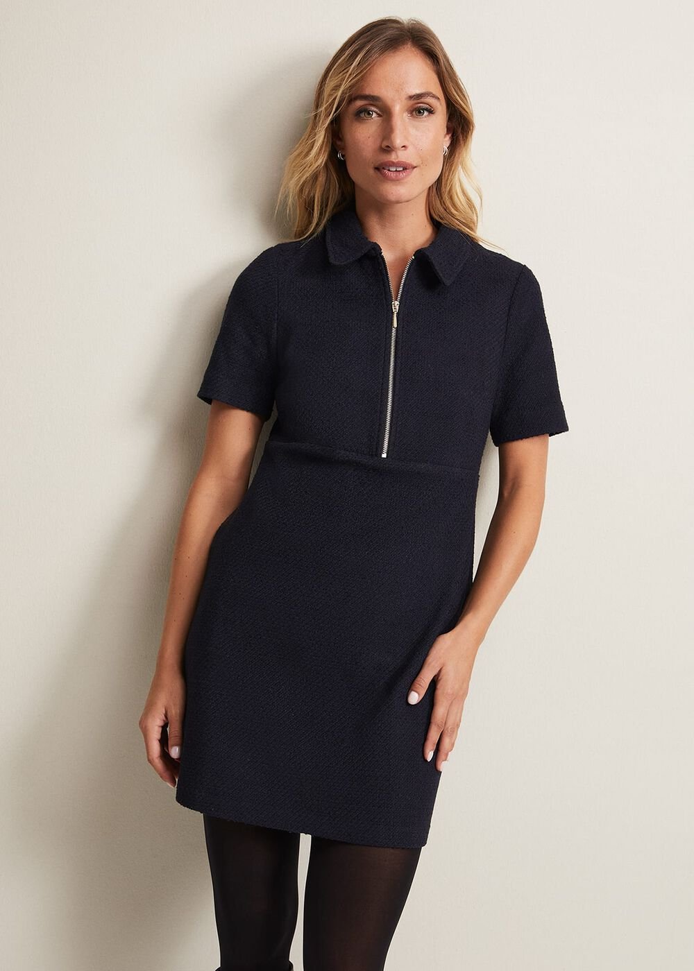 Lana Tweed Zip Tunic Mini Dress Navy