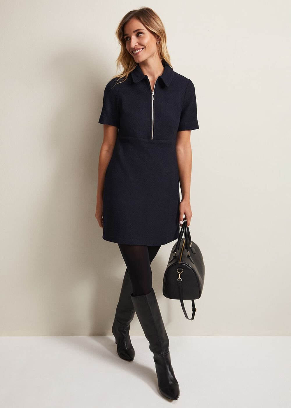 Lana Tweed Zip Tunic Mini Dress Navy