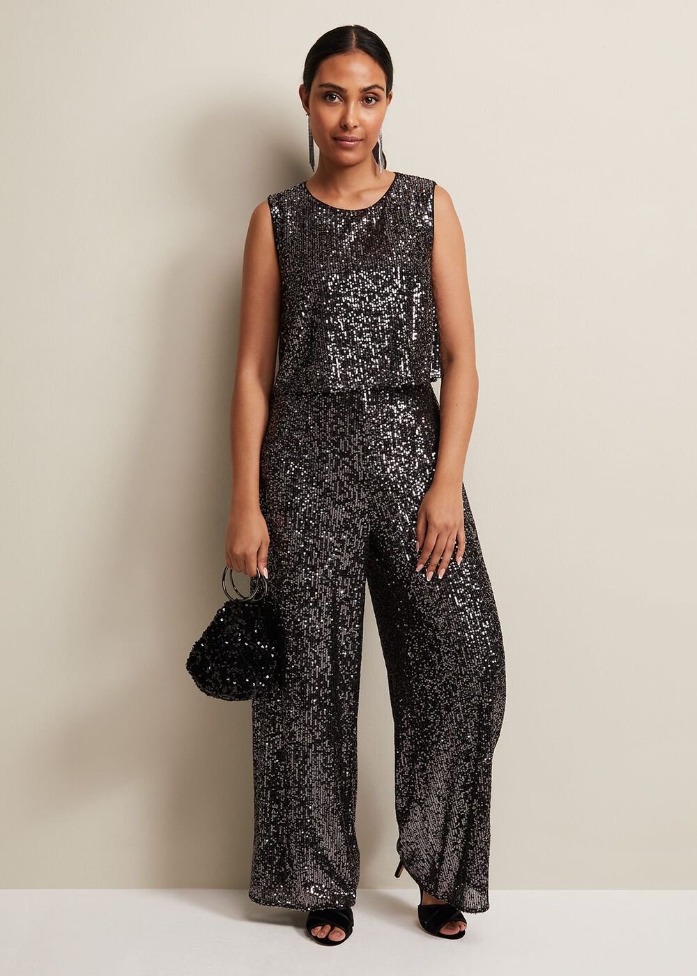 Petite Aubrey Sequin Wide Leg Jumpsuit Gunmetal