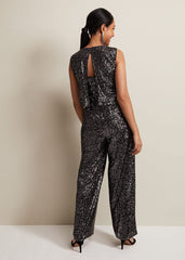 Petite Aubrey Sequin Wide Leg Jumpsuit Gunmetal