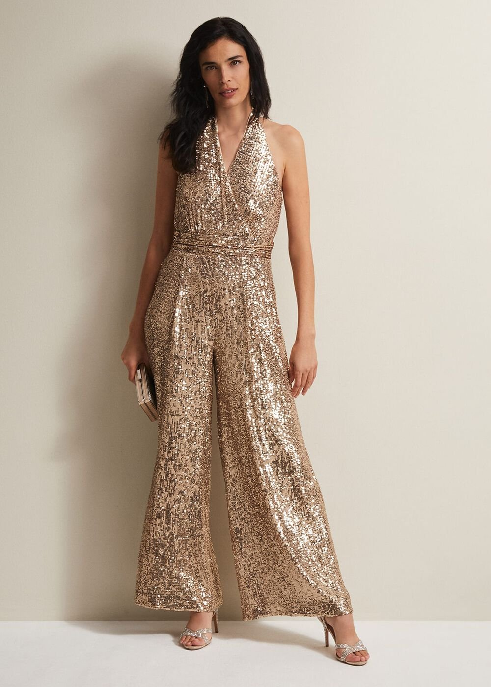 Clarabella Gold Sequin Halterneck Jumpsuit Gold