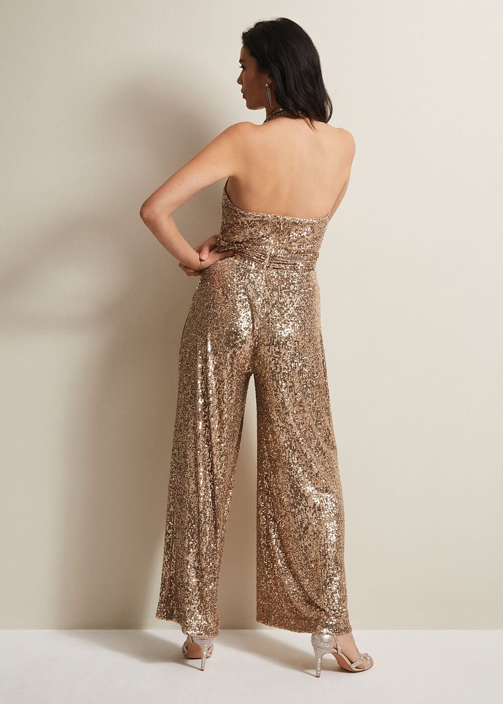 Clarabella Gold Sequin Halterneck Jumpsuit Gold