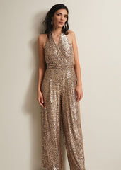 Clarabella Gold Sequin Halterneck Jumpsuit Gold
