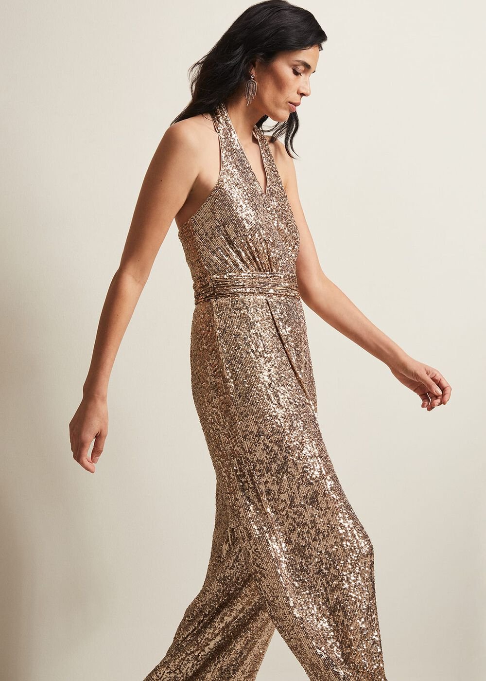 Clarabella Gold Sequin Halterneck Jumpsuit Gold
