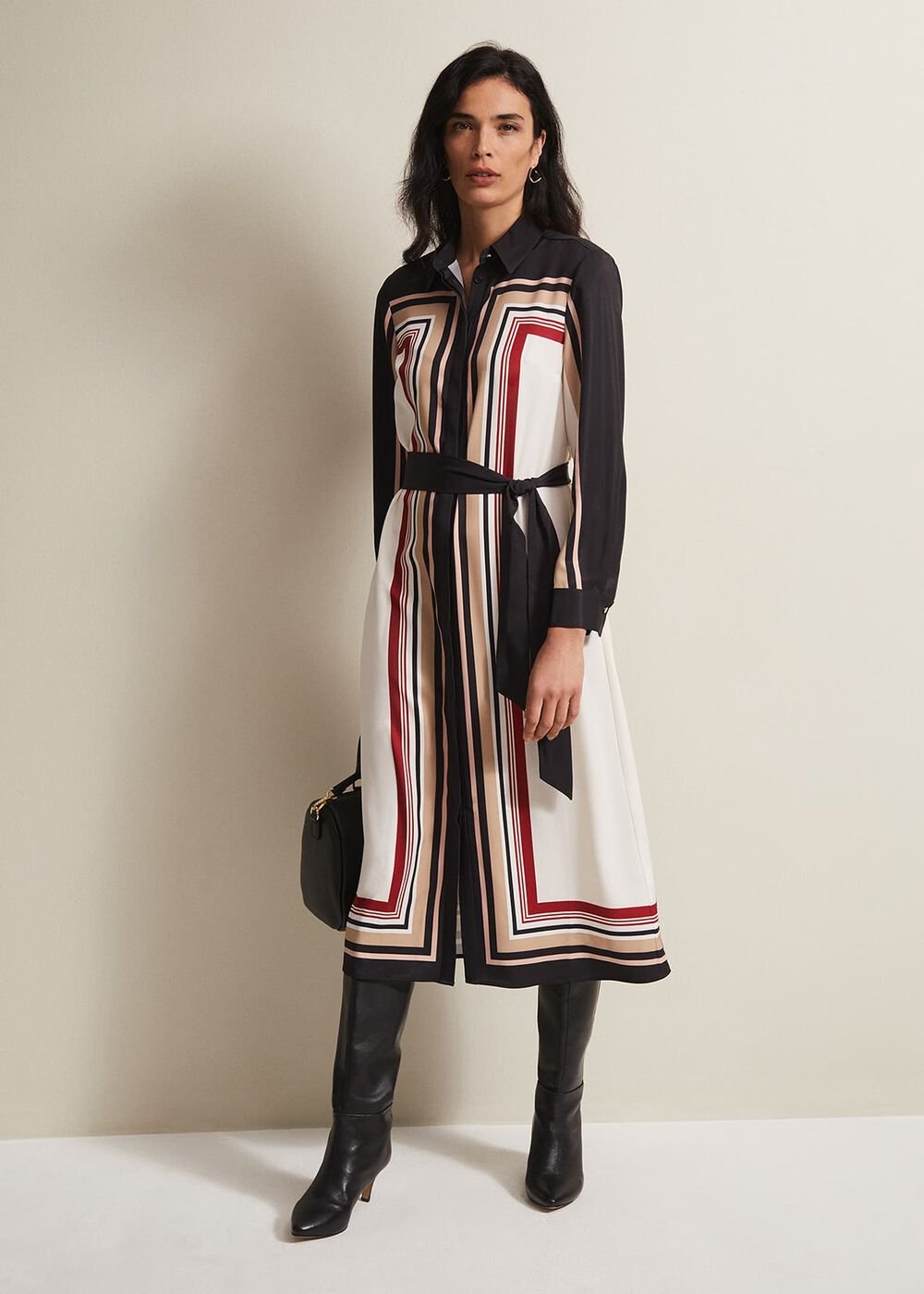 Black & White Striped Shirt Midi Dress Black/Multi