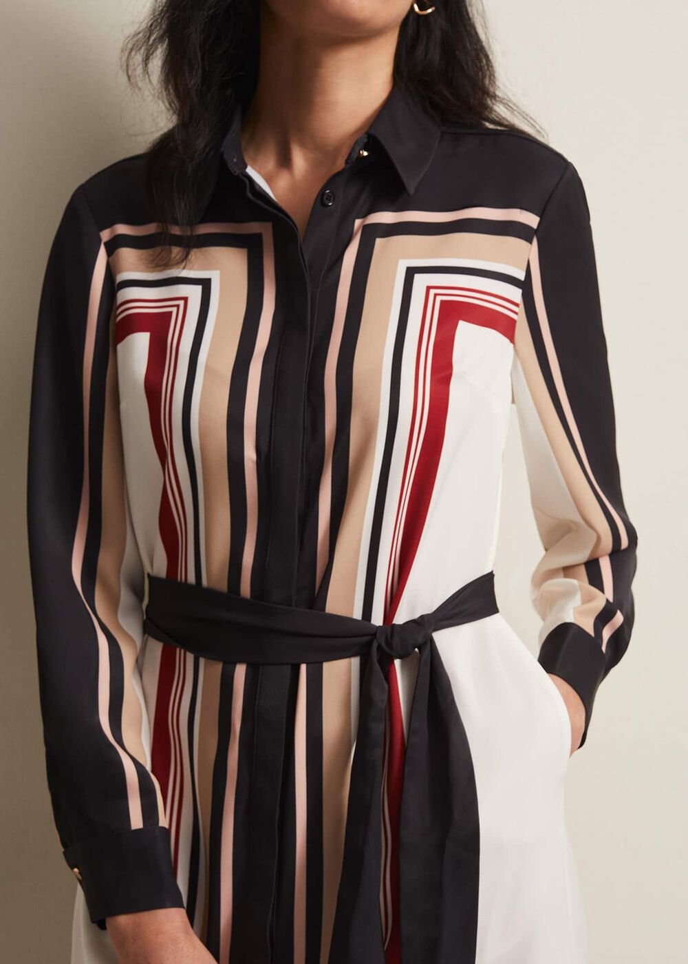Black & White Striped Shirt Midi Dress Black/Multi
