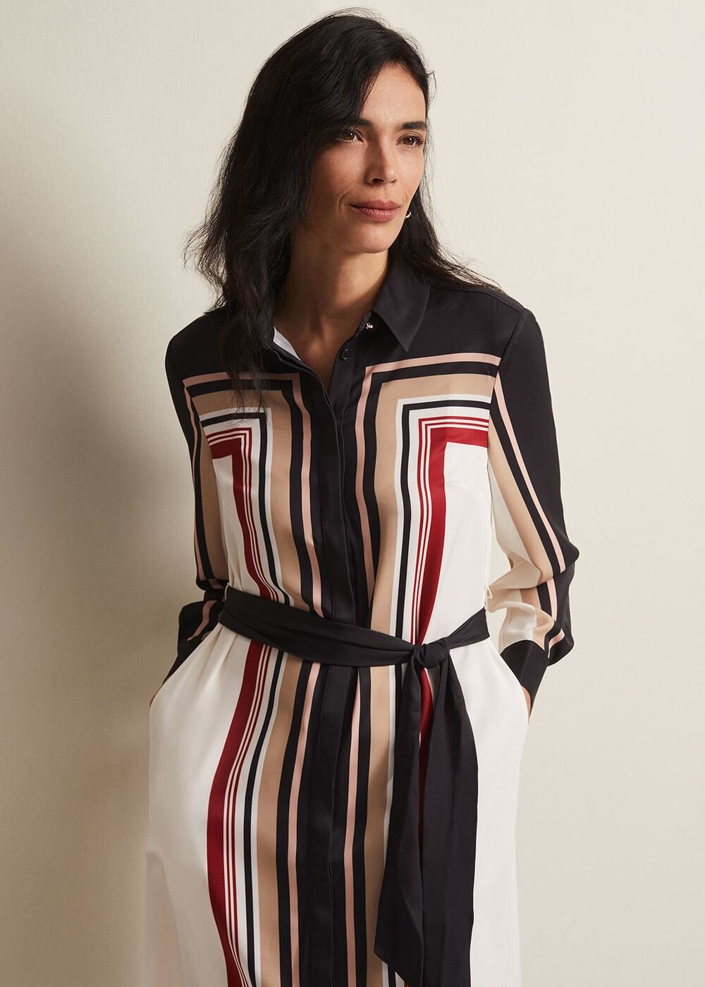 Black & White Striped Shirt Midi Dress Black/Multi