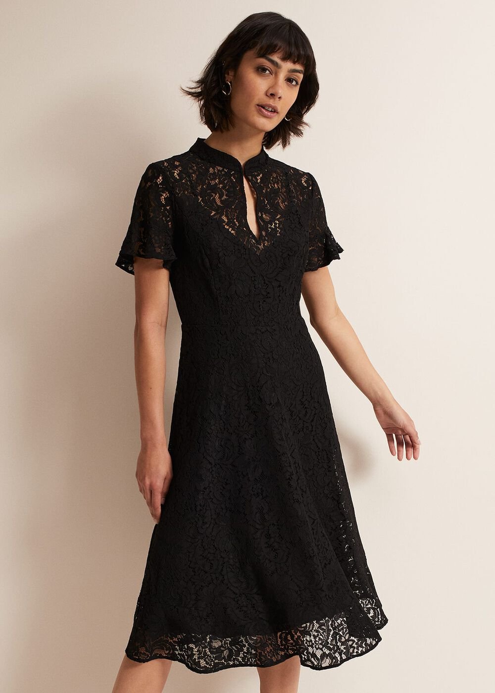 Black Short Sleeve Lace Midi Dress with Keyhole Neckline Black