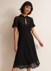Black Short Sleeve Lace Midi Dress with Keyhole Neckline Black