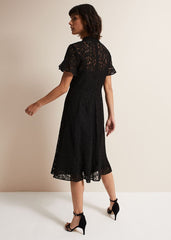 Black Short Sleeve Lace Midi Dress with Keyhole Neckline Black