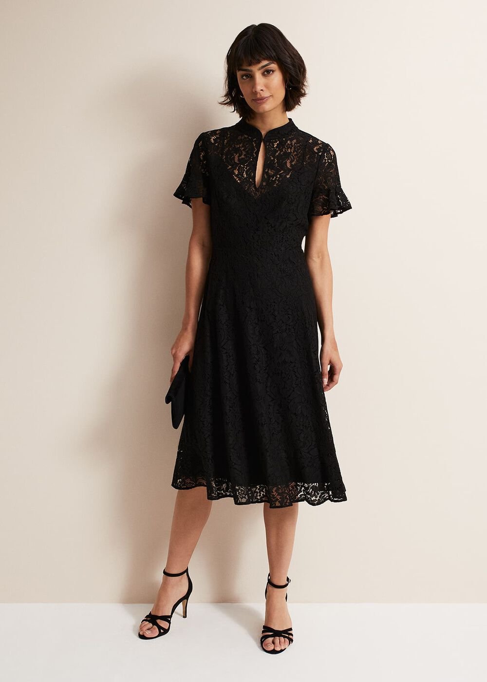 Black Short Sleeve Lace Midi Dress with Keyhole Neckline Black